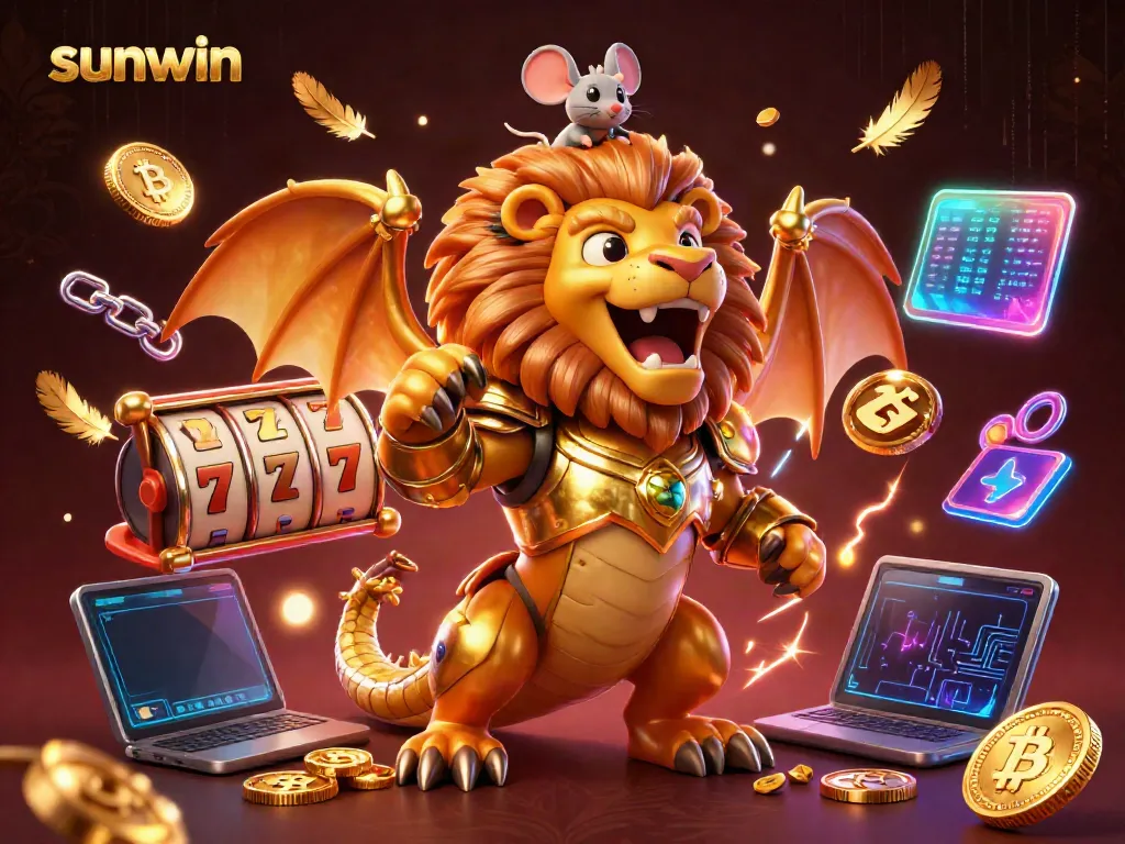 Engage in thrilling games at Sunwin with vibrant casino elements and a victorious chimera