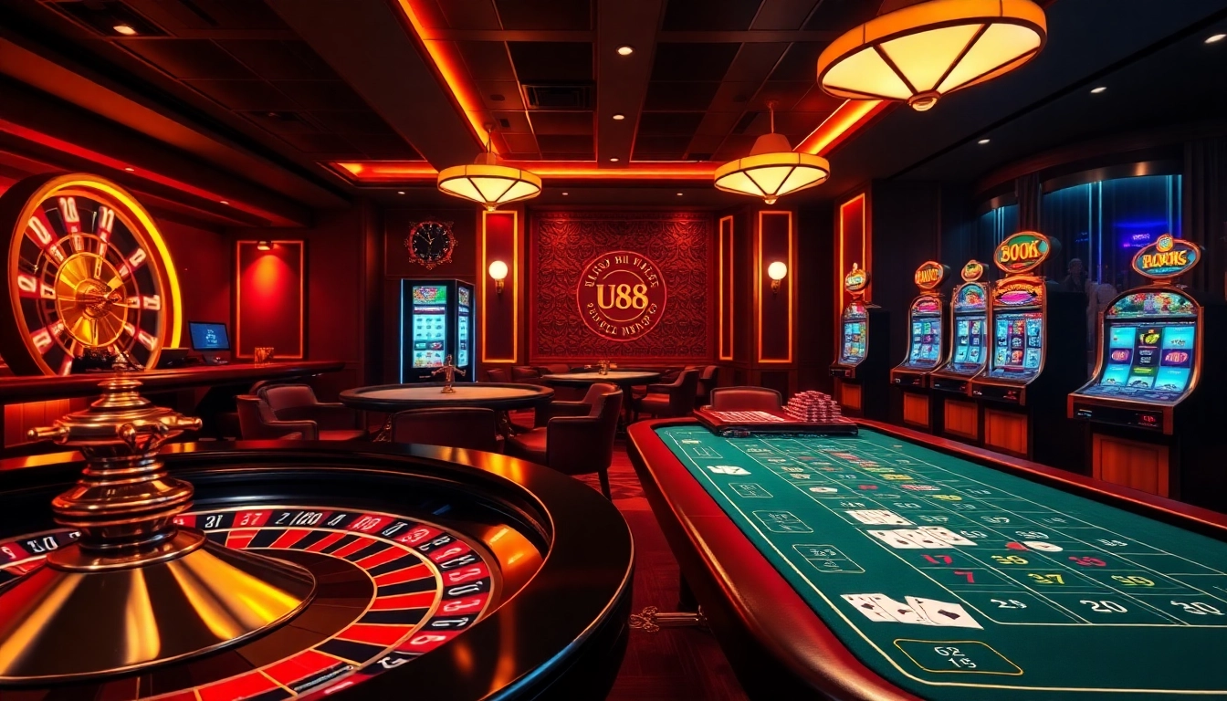 Experience the luxury and excitement of u888 with a sophisticated online gambling scene featuring roulette and poker tables.