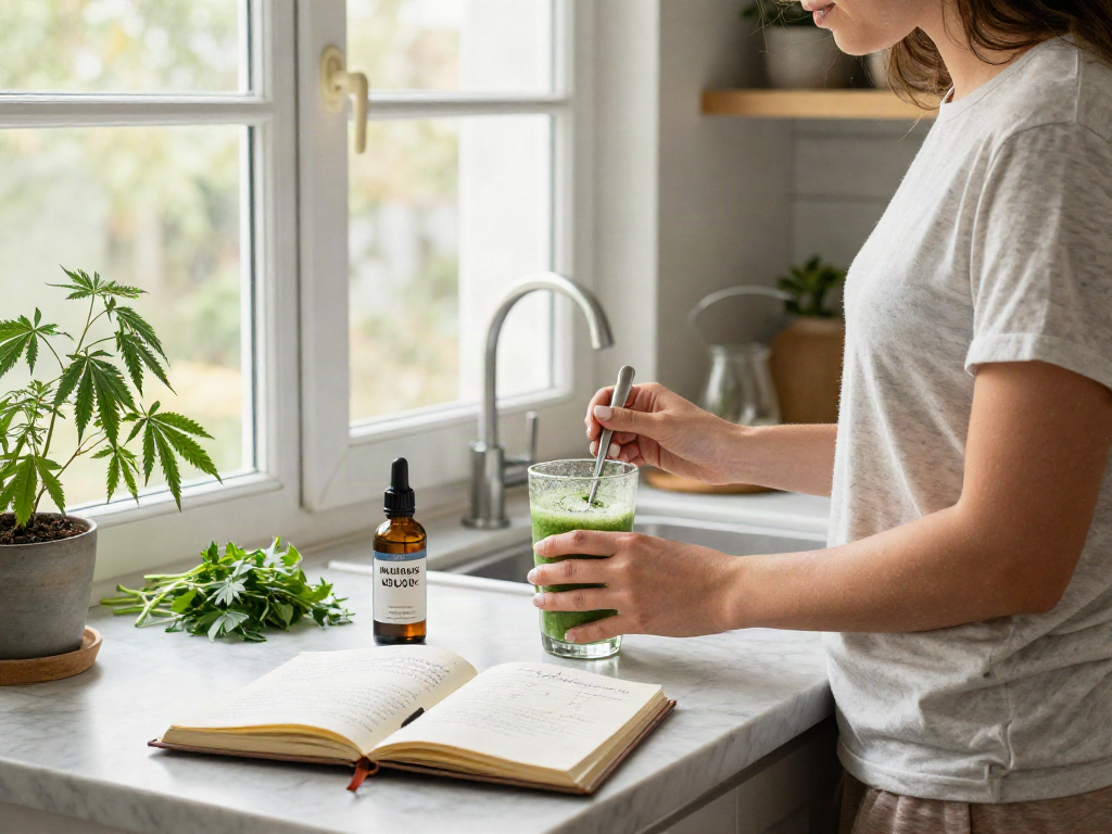 muha med CBD oil tincture amidst a wellness morning routine in a bright kitchen