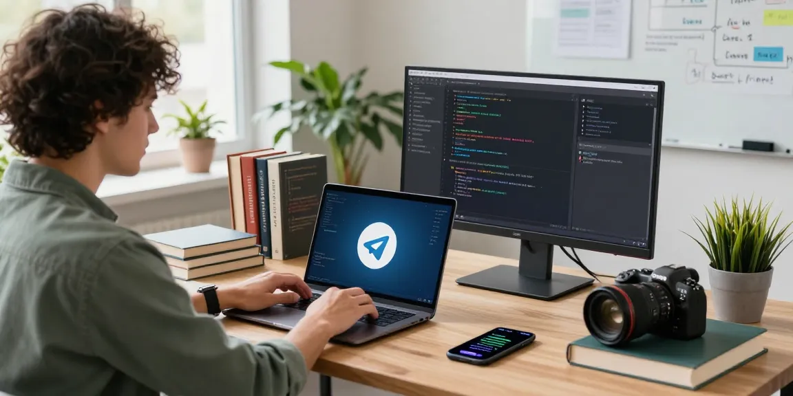 Modern tech workspace showcasing a programmer using Telegram's features with a laptop, notebook, and plants around.