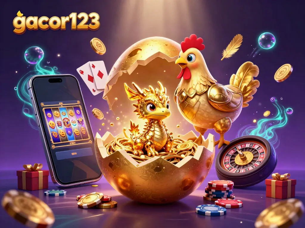 Experience the captivating moment at gacor123 with a golden dragon amidst poker chips and dynamic gaming elements.