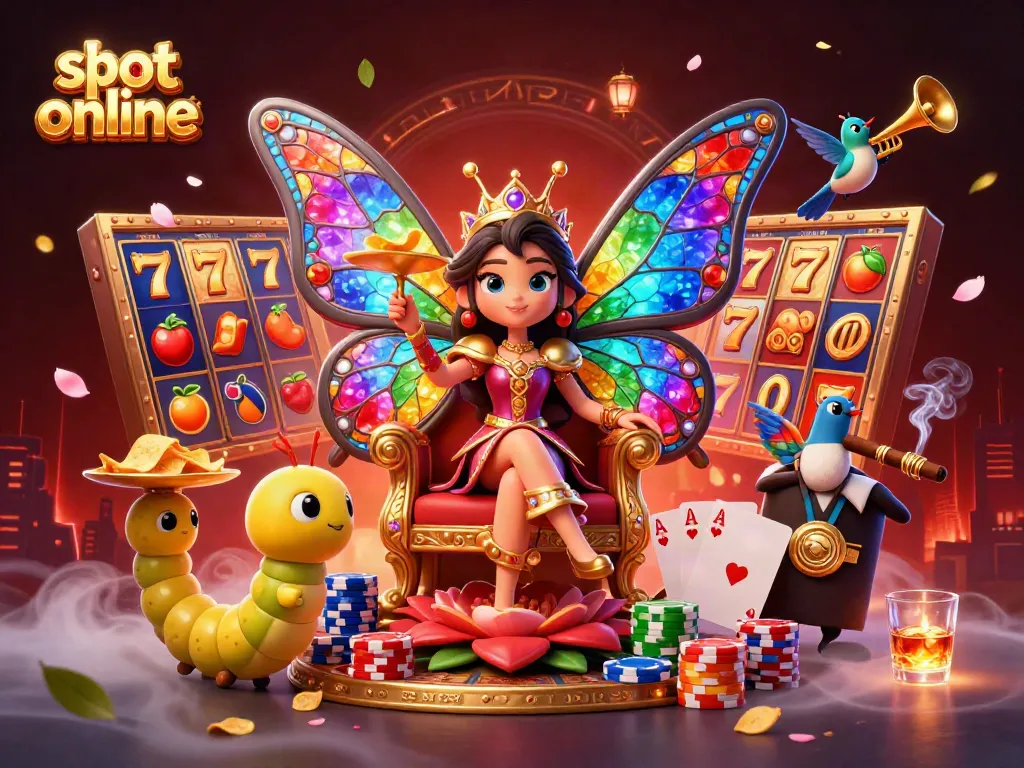 Engage with thrilling slot online action amid a vibrant casino atmosphere featuring a butterfly queen.