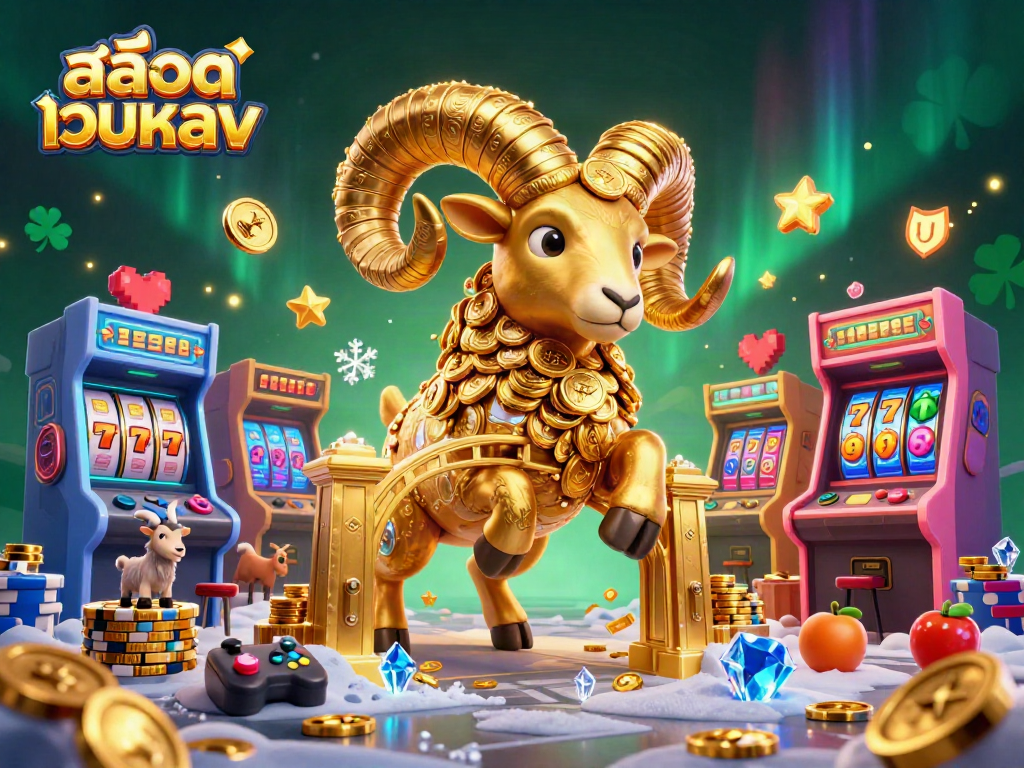 Engage with สล็อตเว็บตรง in a vibrant 3D casino scene featuring golden ram and classic slot symbols.