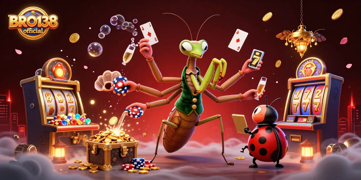 BRO138 official showcases a vibrant slot gaming scene with a giant mantis dealer and colorful game elements.