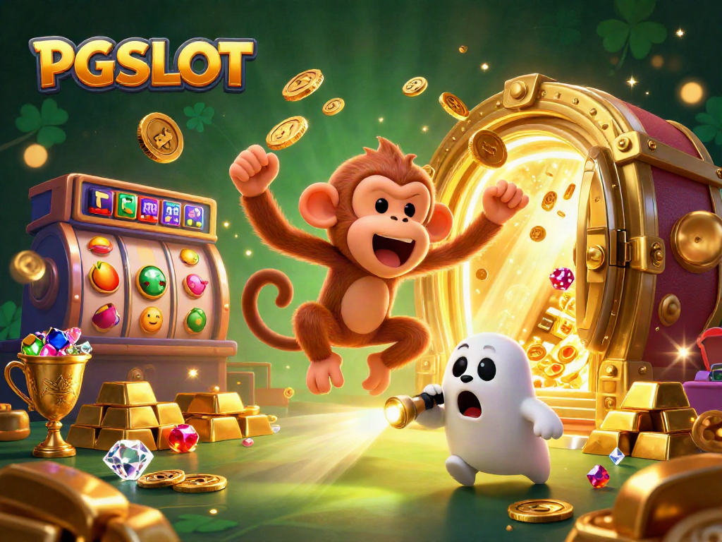 Engage with PG SLOT in this vibrant casino scene featuring a mischievous monkey and a curious puppy.