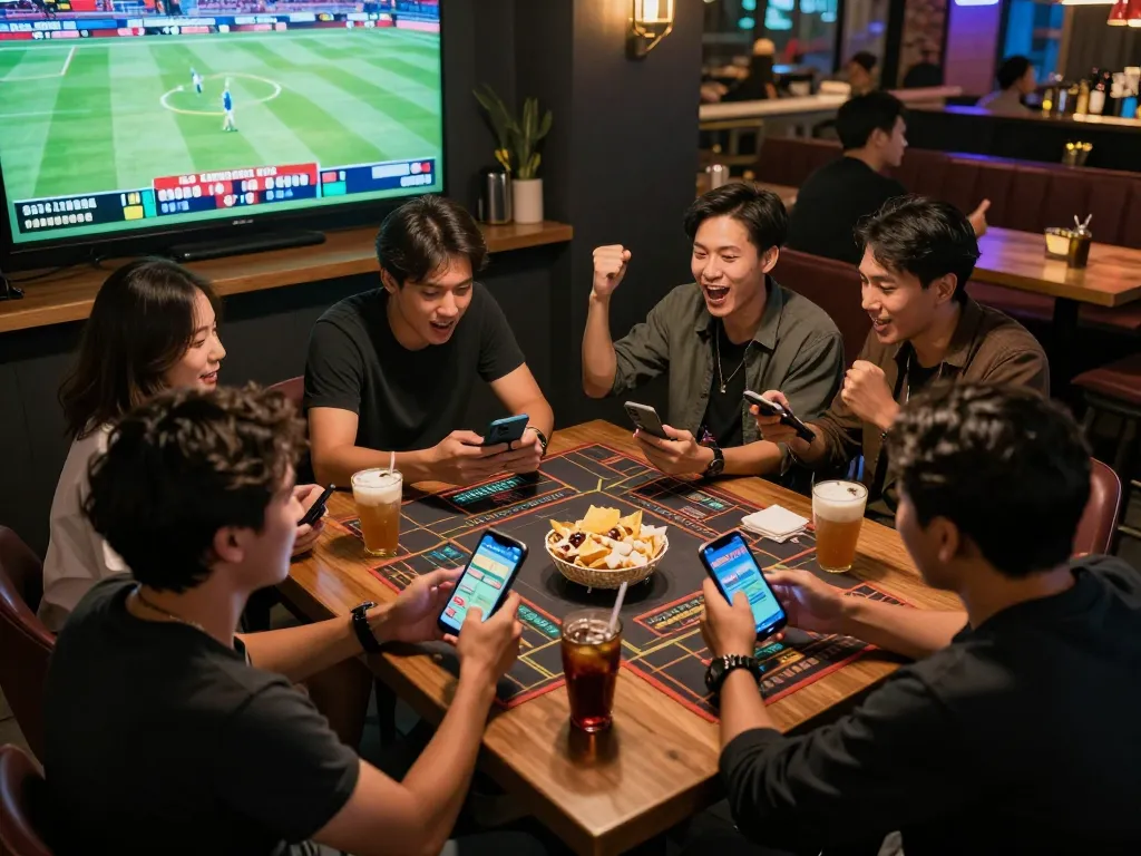 Kèo nhà cái hôm nay displayed as friends celebrate a betting win in a lively sports bar atmosphere