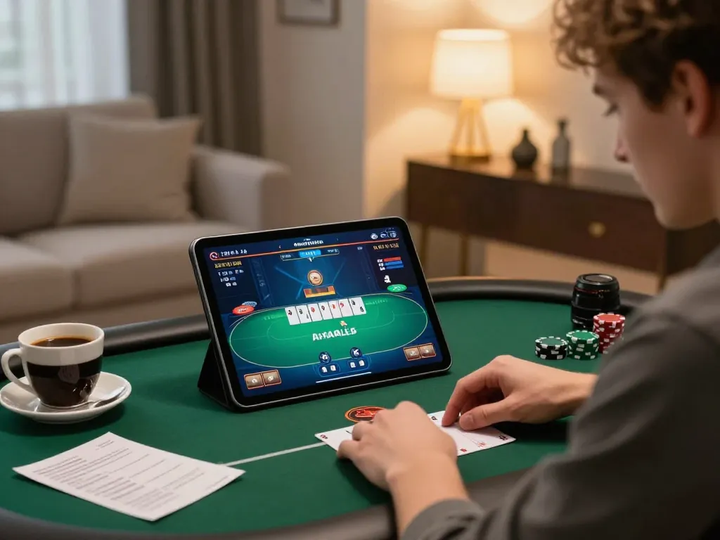 Player engaging in poker on a tablet, depicting the 3win actor experience in cozy home gaming.