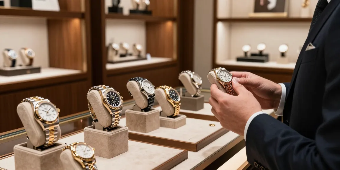 Exquisite selection of high-quality replica watches in an upscale boutique, showcasing luxury craftsmanship.