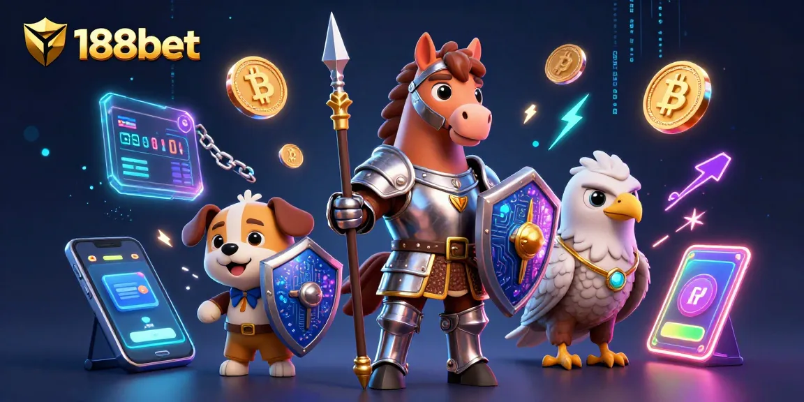 Engage in thrilling betting at 188bet with lively characters and glowing cryptocurrency elements.