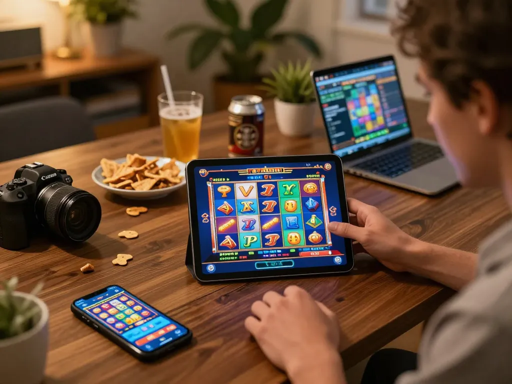 Player enjoying situs slot games on a tablet while relaxing at home, showcasing vibrant casino app.