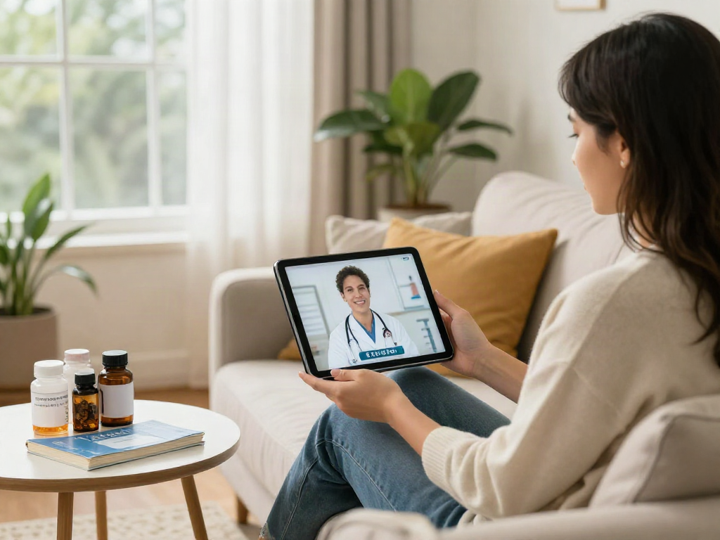 Online medical card Texas consultation scene at home with patient and doctor.