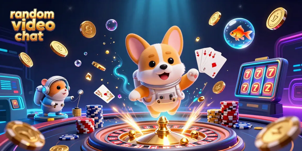 Engage in random video chat with vibrant floating characters in a lively casino atmosphere.