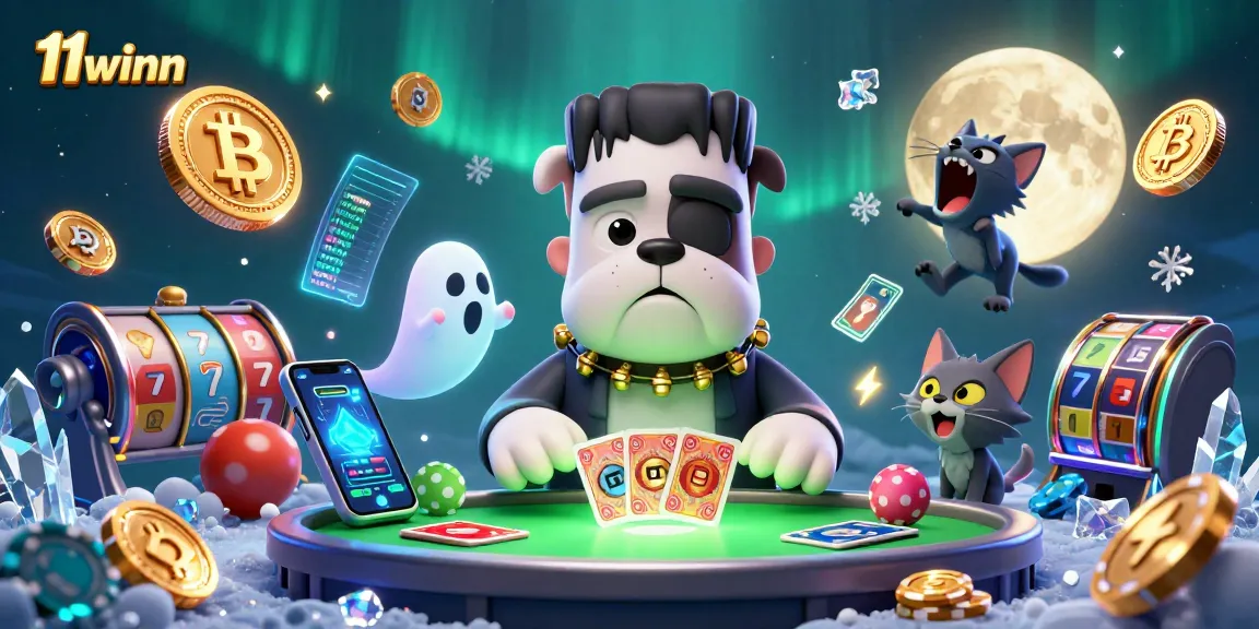 11winn showcasing a 3D cartoon Frankenstein bulldog dealing cards at a casino, enriched with crypto elements.