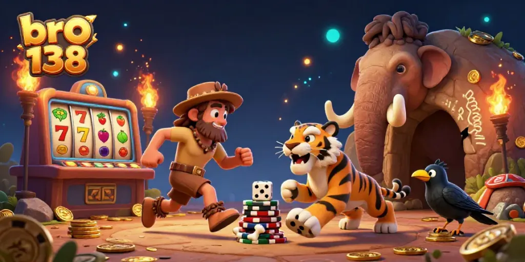 Spin the reels at bro 138 with prehistoric caveman and sabertooth tiger in a vibrant casino!