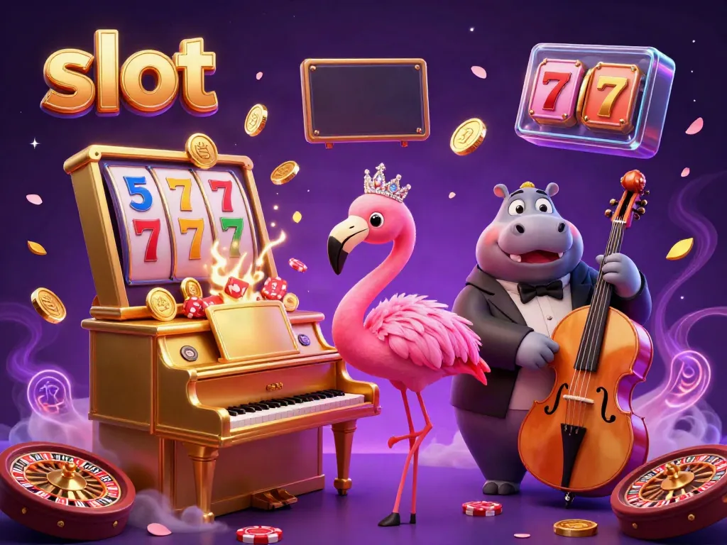 Experience vibrant slot gaming with flamingo singer and hippo bassist in 3D casino
