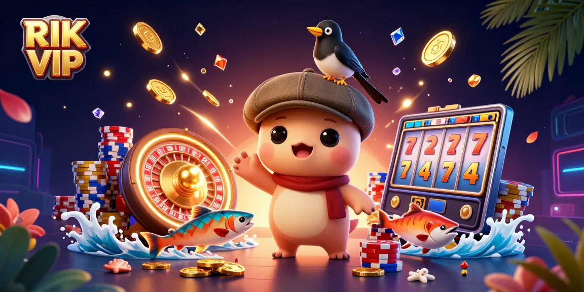 Join RIK VIP for exciting slots and jackpot action with colorful characters and casino decorations.