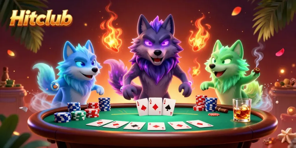 Win big with Hitclub at the poker table, featuring vibrant characters and game elements.