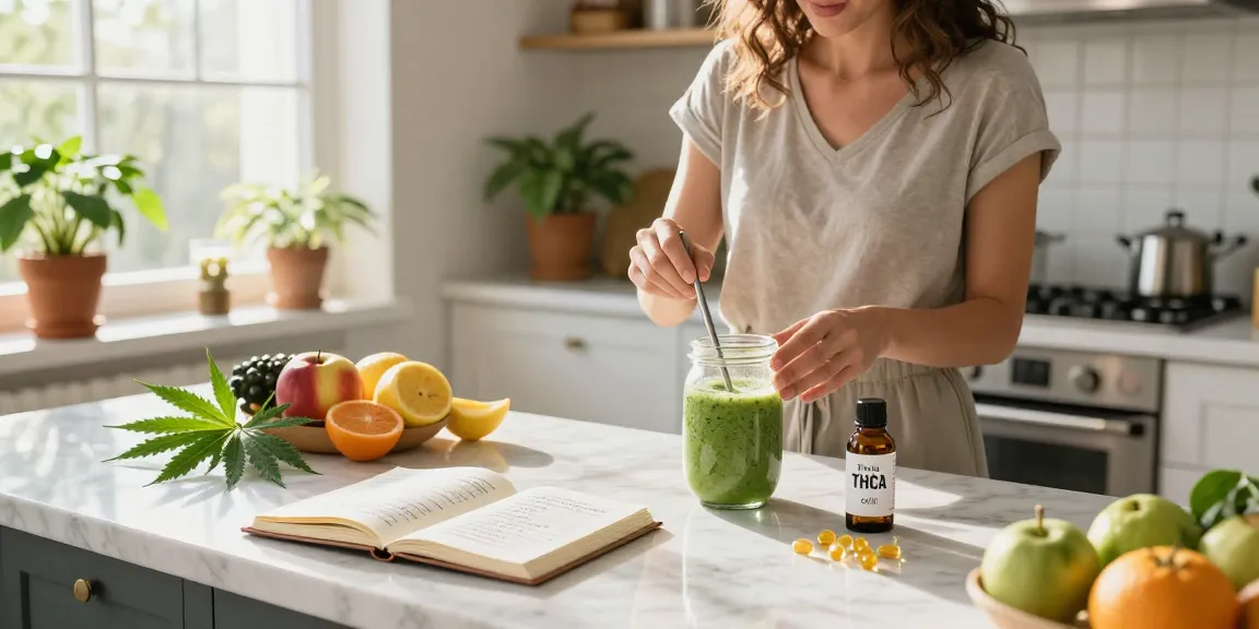 Pin High THCa oil in a vibrant kitchen scene showcasing natural wellness with CBD-infused smoothie preparation.