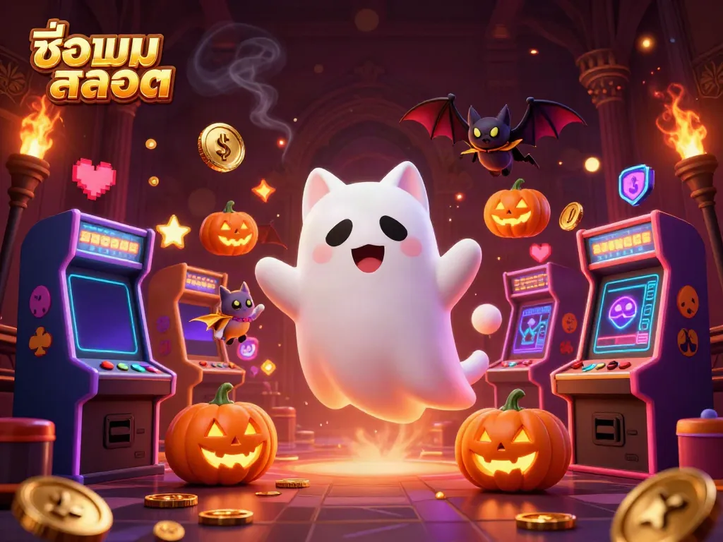 Play exciting slots with ชื่อเกมสล็อต featuring a ghost cat and vampire bat in a haunted casino.
