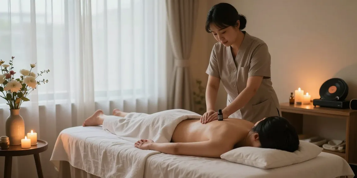 A soothing 창원마사지 session in a tranquil spa with natural lighting and calming decor, promoting relaxation and wellness.