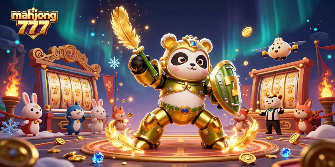 Experience big wins with mahjong 777 in a vibrant casino scene featuring a golden panda and extravagant slots.