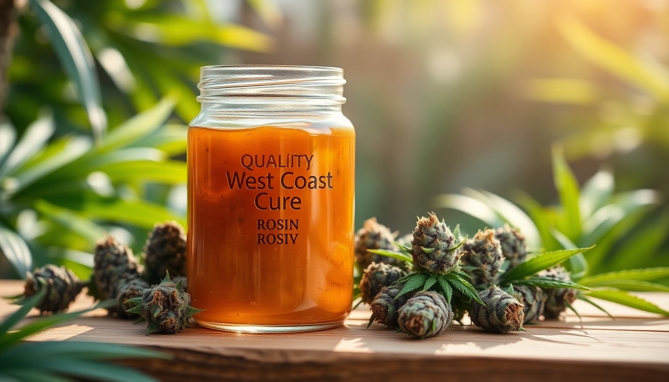 Experience the purity of west coast cure rosin, beautifully displayed with cannabis buds and natural textures.