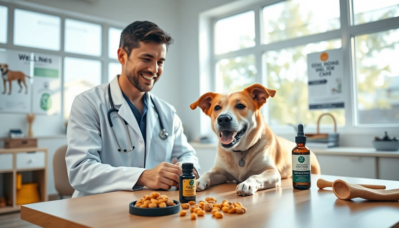 Administering CBD For Pet with a veterinarian examining a happy dog in a clinic.