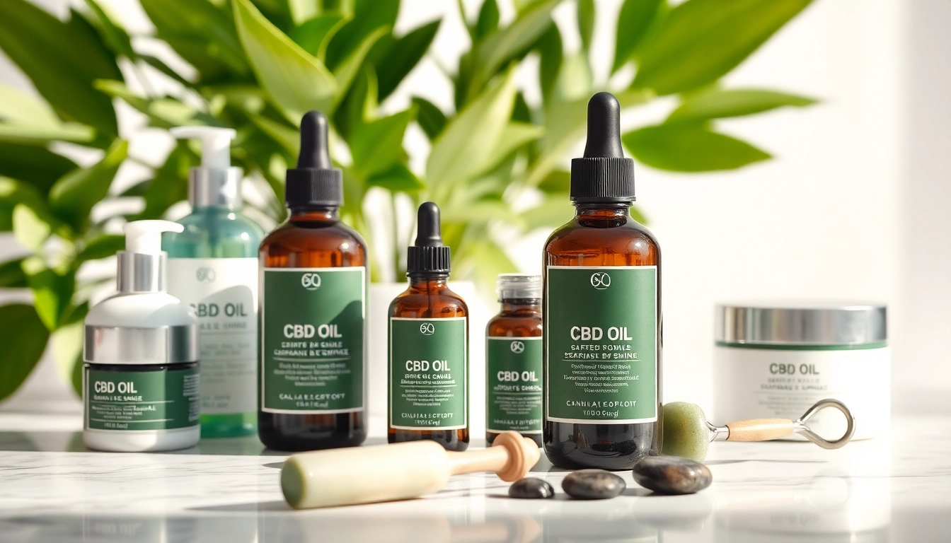 Highlighting CBD oil for skin products arranged on a counter with natural elements.