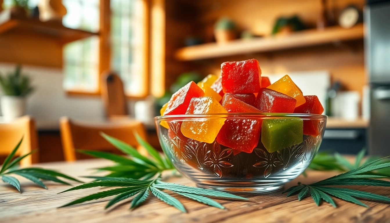 Indulge in vibrant Weed Gummies displayed beautifully in a cozy kitchen.