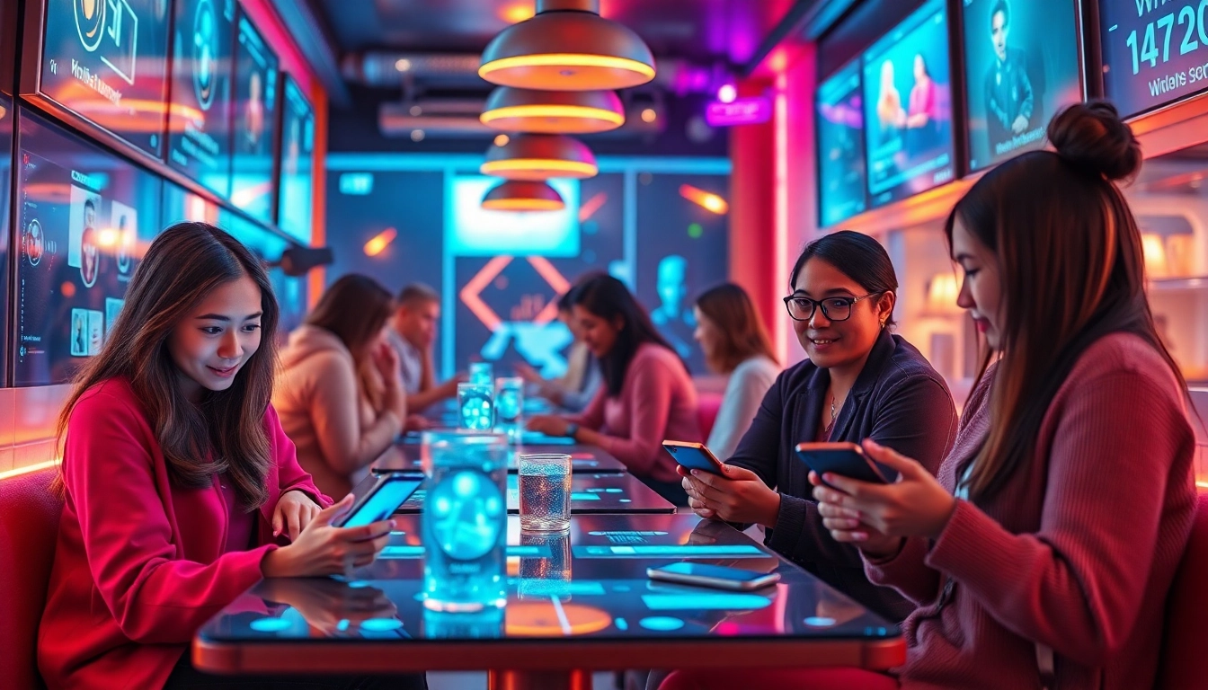 Engaging scene of people enjoying ai chat sex interactions in a futuristic digital café.