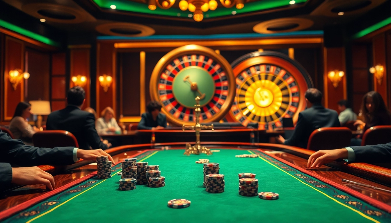 Players enjoying a high-stakes poker game at https://rr88co.net/ with vibrant casino ambiance and dazzling lights.