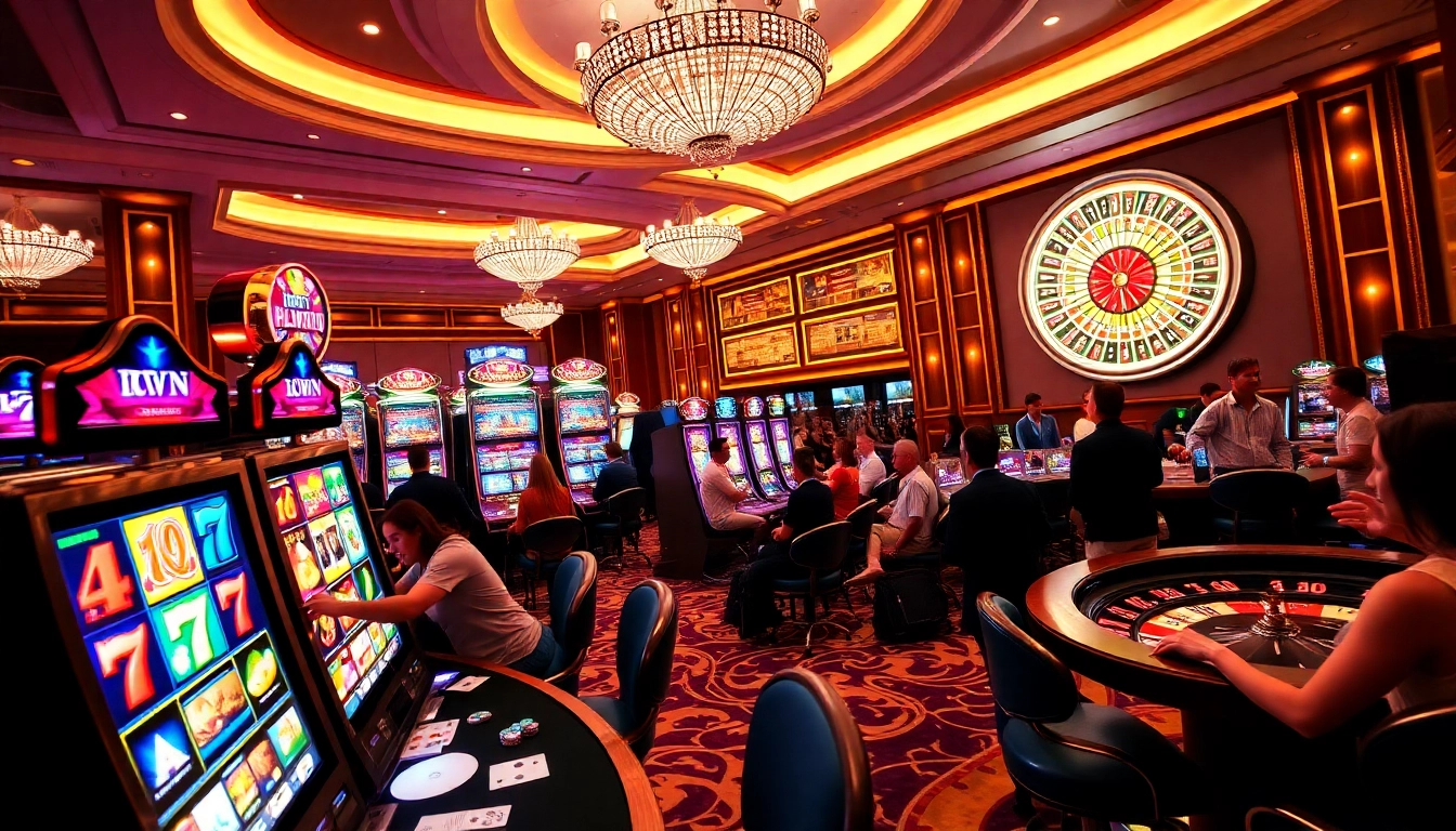 Exciting idn slot game action in a luxurious casino with vibrant graphics and players.