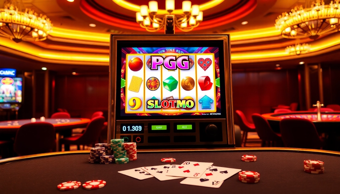 Spin the PG Slot demo on a luxurious gaming machine amidst the vibrant casino ambiance.