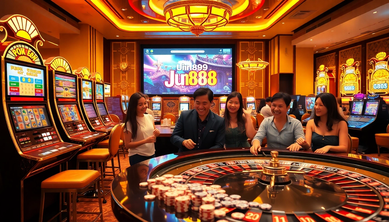 Gambling excitement captured with Jun888 slot machines and vibrant casino tables.