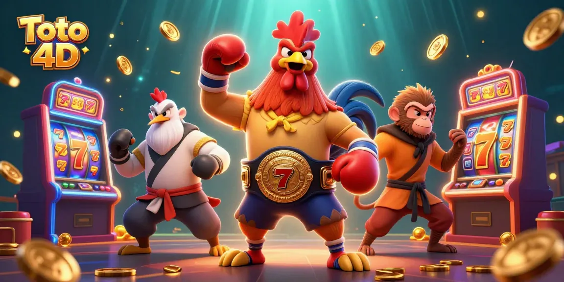 Experience thrills with Toto 4D in a vibrant slot machine scene featuring dynamic martial arts characters.